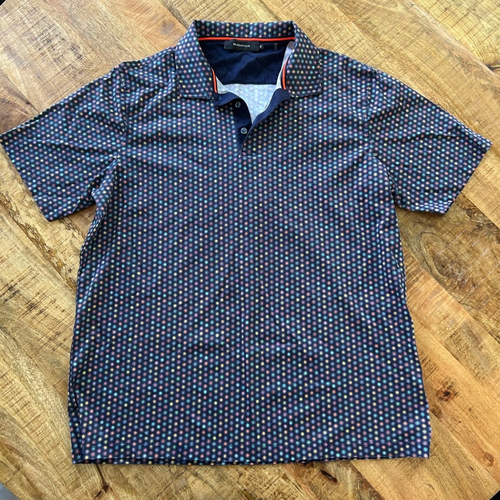 Bugatchi Mens XL Polo Shirt Navy Blue Multicolor Geometric Floral Dot Print SS